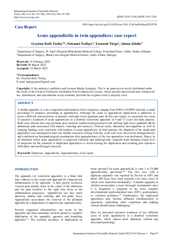(PDF) Acute appendicitis in twin appendices: case report | Goytom Knfe ...
