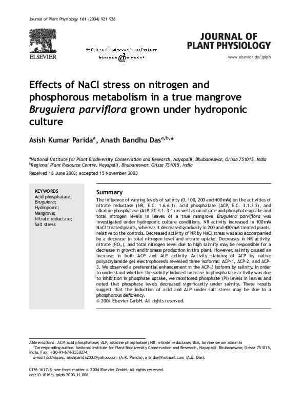 (PDF) Effects of NaCl stress on nitrogen and phosphorous metabolism in ...