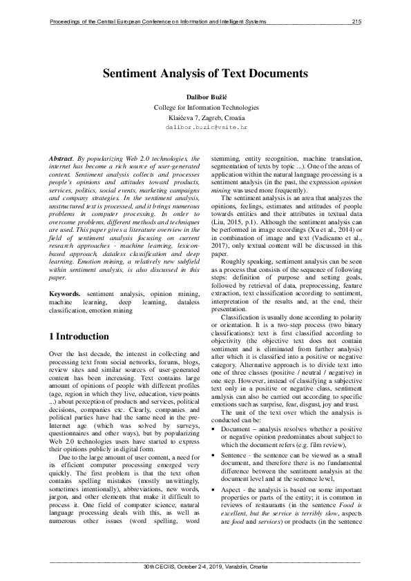 (PDF) Sentiment Analysis of Text Documents | Dalibor Bužić - Academia.edu