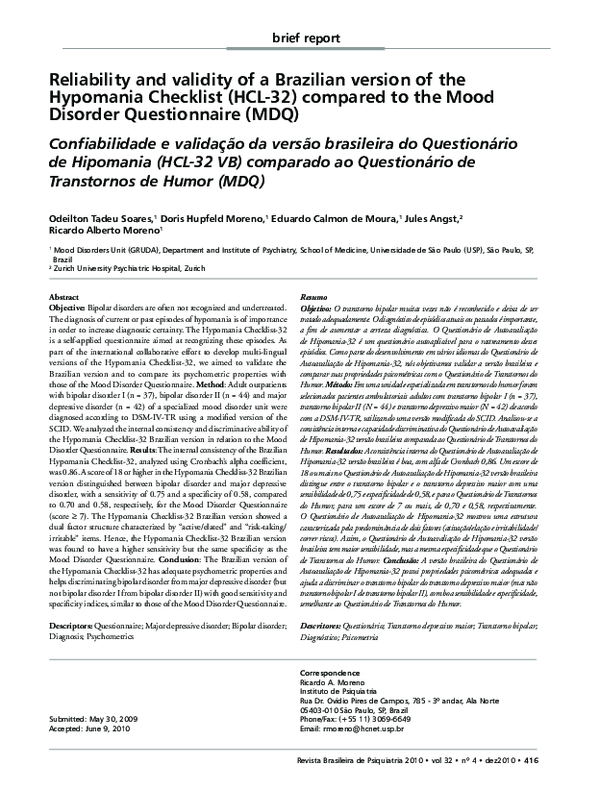 (PDF) Reliability and validity of a Brazilian version of the Hypomania ...