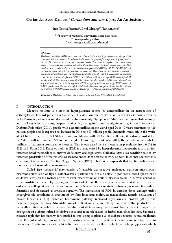 (PDF) Coriander Seed Extract ( Coriandum Sativum L ) as an antioxidant