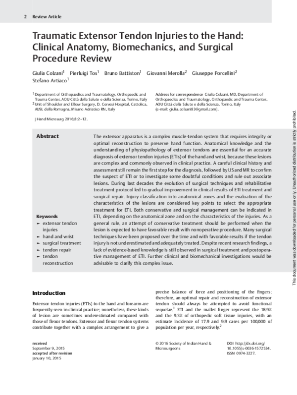 (PDF) Traumatic Extensor Tendon Injuries to the Hand Clinical Anatomy, Biomechanics, and