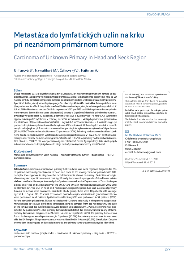 (PDF) Carcinoma of Unknown Primary in Head and Neck Region