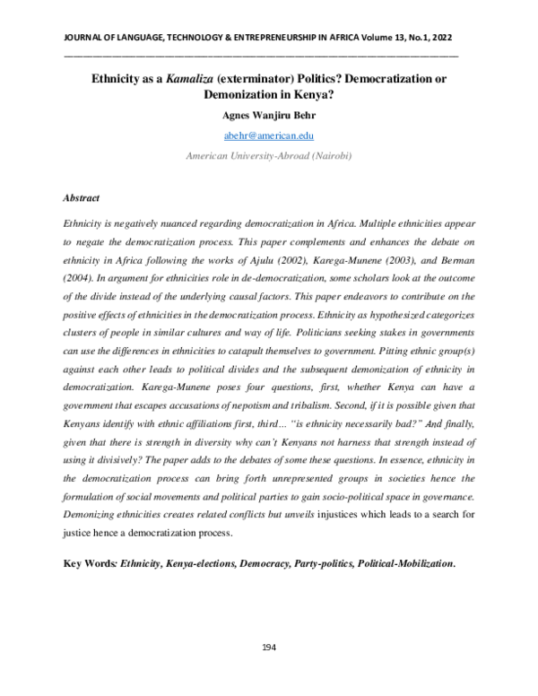 (PDF) Ethnicity as a Kamaliza (exterminator) Politics? Democratization ...