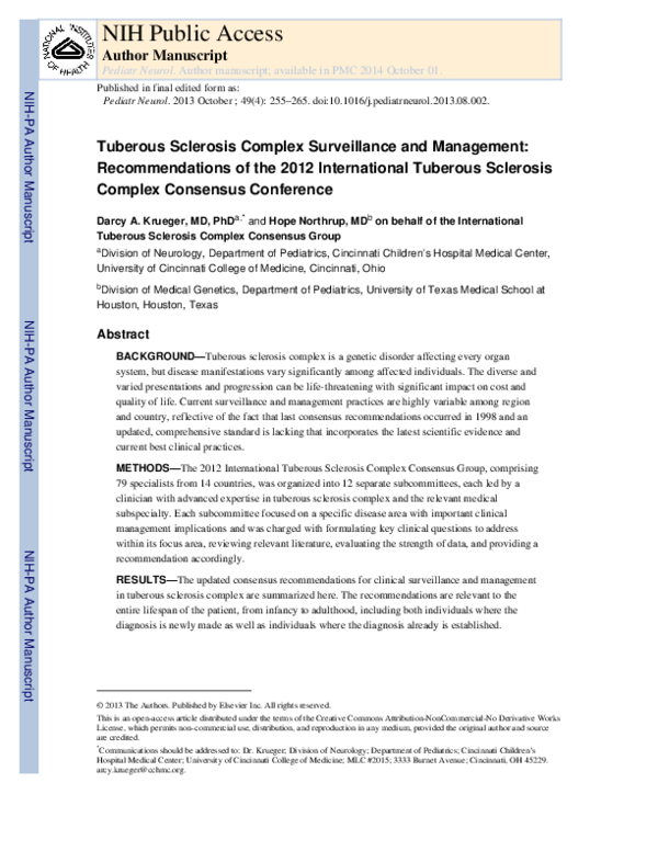 (PDF) Tuberous Sclerosis Complex Surveillance and Management ...