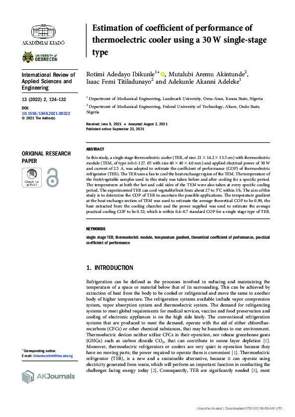 (PDF) Estimation of coefficient of performance of thermoelectric cooler using a 30 W single