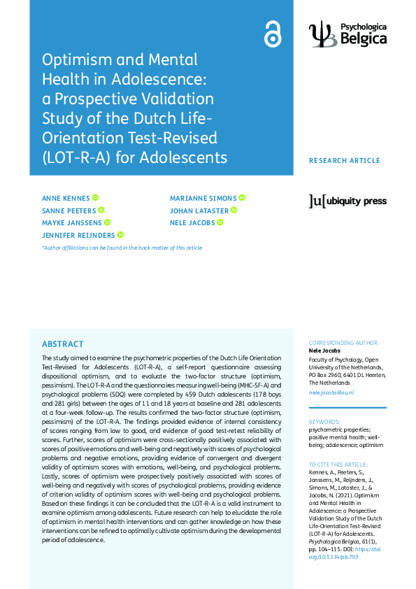 (PDF) Optimism and Mental Health in Adolescence: a Prospective ...