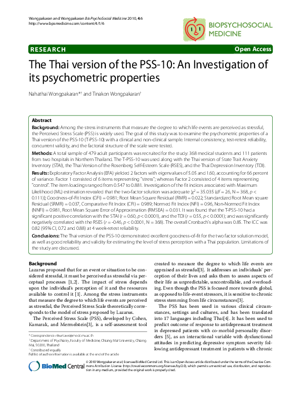 (PDF) The Thai version of the PSS-10: An Investigation of its ...