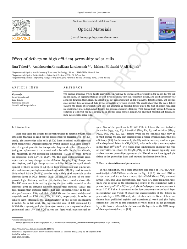 (PDF) Effect of defects on high efficient perovskite solar cells
