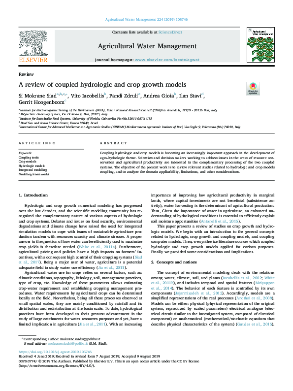(PDF) A review of coupled hydrologic and crop growth models