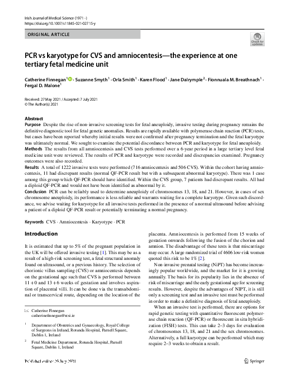 (PDF) PCR vs karyotype for CVS and amniocentesis—the experience at one ...