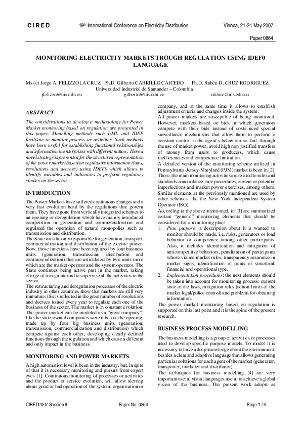 (PDF) Monitoring Electricity Markets Trough Regulation Using IDEF0 Language