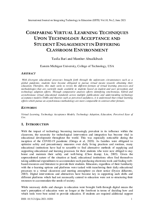 (PDF) Comparing Virtual Learning Techniques Upon Technology Acceptance and Student Engagement in