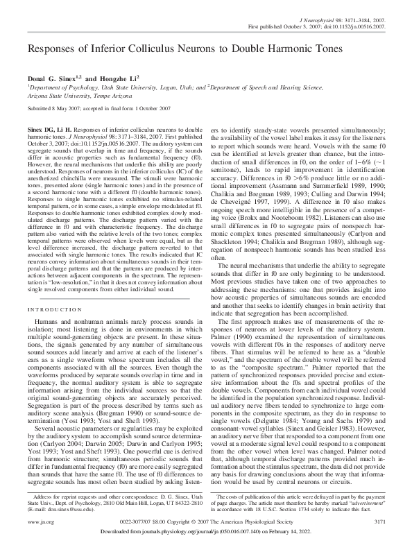 (PDF) Responses of Inferior Colliculus Neurons to Double Harmonic Tones