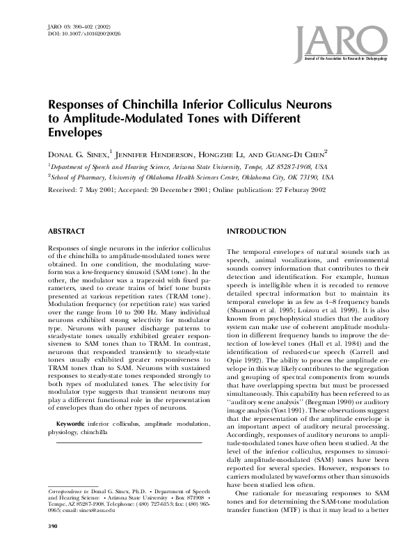 (PDF) Responses of Chinchilla Inferior Colliculus Neurons to Amplitude ...