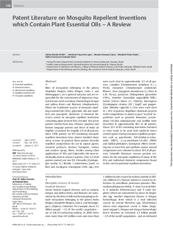 (PDF) Patent Literature on Mosquito Repellent Inventions which Contain
