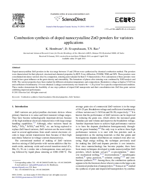 (PDF) Combustion synthesis of doped nanocrystalline ZnO powders for ...