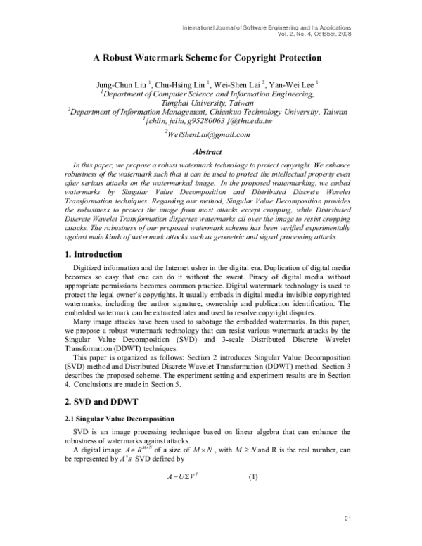 (PDF) A Robust Watermark Scheme for Copyright Protection
