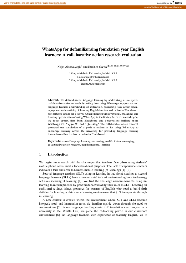 (PDF) WhatsApp for Defamiliarizing Foundation Year English Learners: A ...