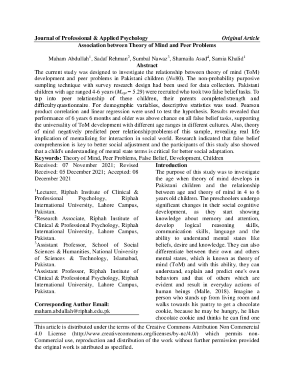 (PDF) Association between Theory of Mind and Peer Problems