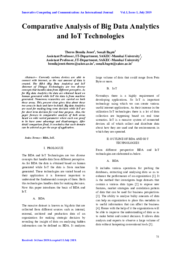 (PDF) Comparative Analysis of Big Data Analytics and IoT Technologies