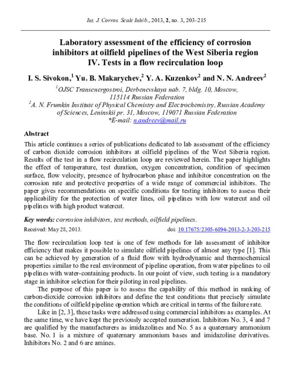 (PDF) Laboratory assessment of the efficiency of corrosion inhibitors ...