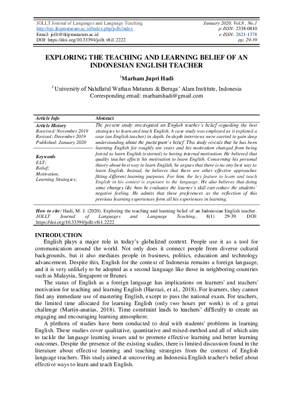 (PDF) Exploring the Teaching and Learning Belief of an Indonesian ...