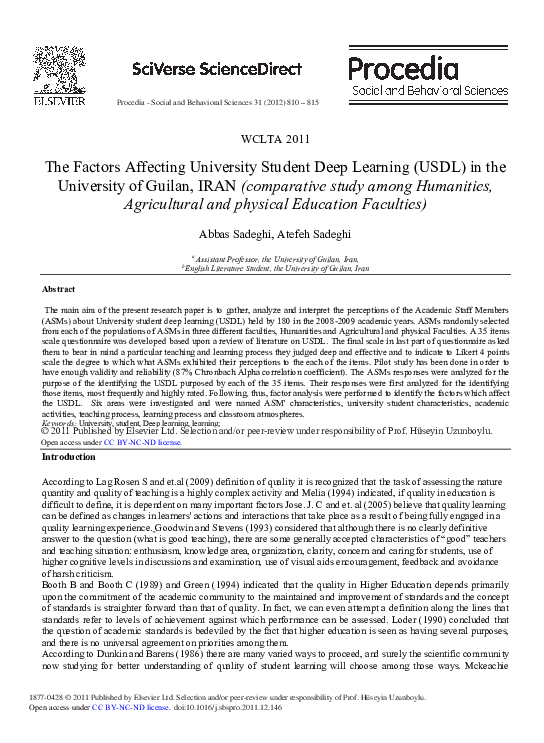The Factors Affecting University Student Deep Learning (USDL) in the University of Guilan, IRAN (comparative study among Humanities, Agricultural and physical Education Faculties)