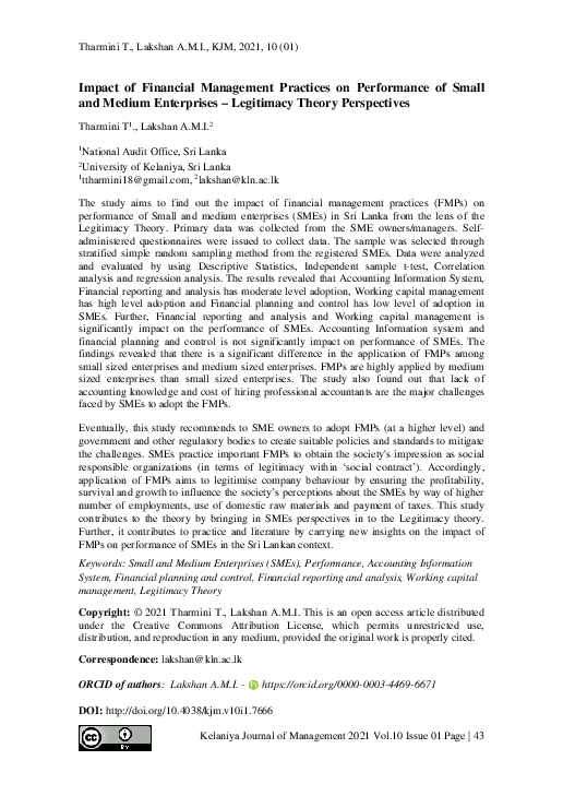 (PDF) Impact of Financial Management Practices on Performance of Small ...
