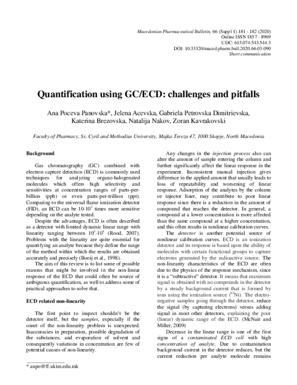 (PDF) Quantification using GC/ECD: challenges and pitfalls