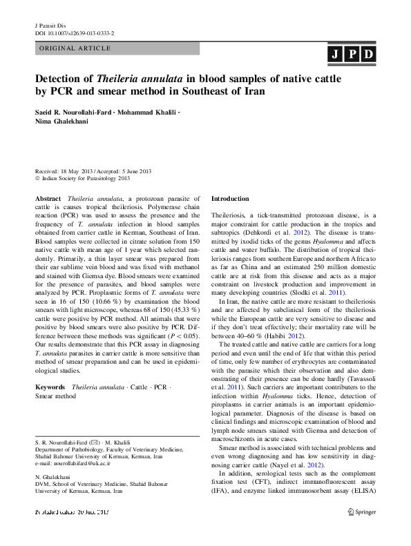 (PDF) Detection of Theileria annulata in blood samples of native cattle ...
