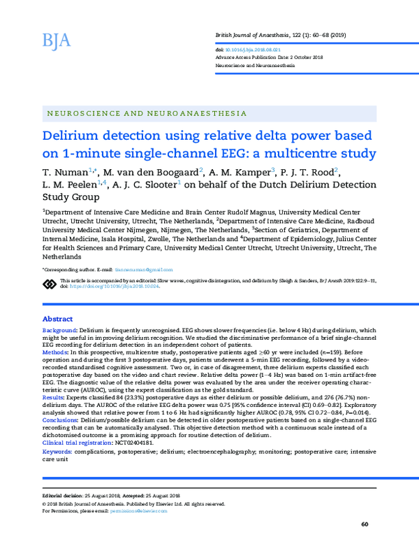 (PDF) Delirium detection using relative delta power based on 1-minute ...