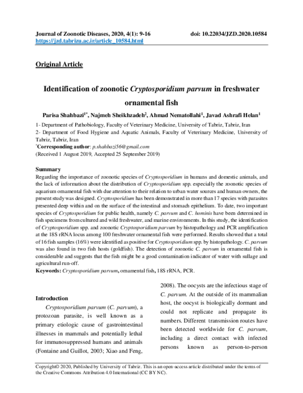 (PDF) Identification of zoonotic Cryptosporidium parvum in freshwater ...