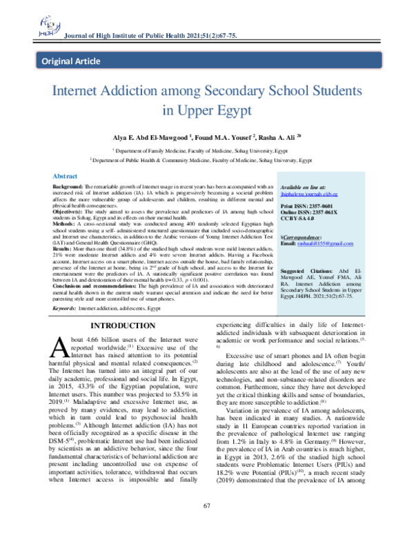 (PDF) Internet Addiction among Secondary School Students in Upper Egypt