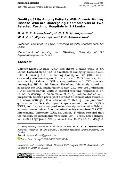 Quality Of Life And Its Predictors Among Patients With Chronic Kidney ...