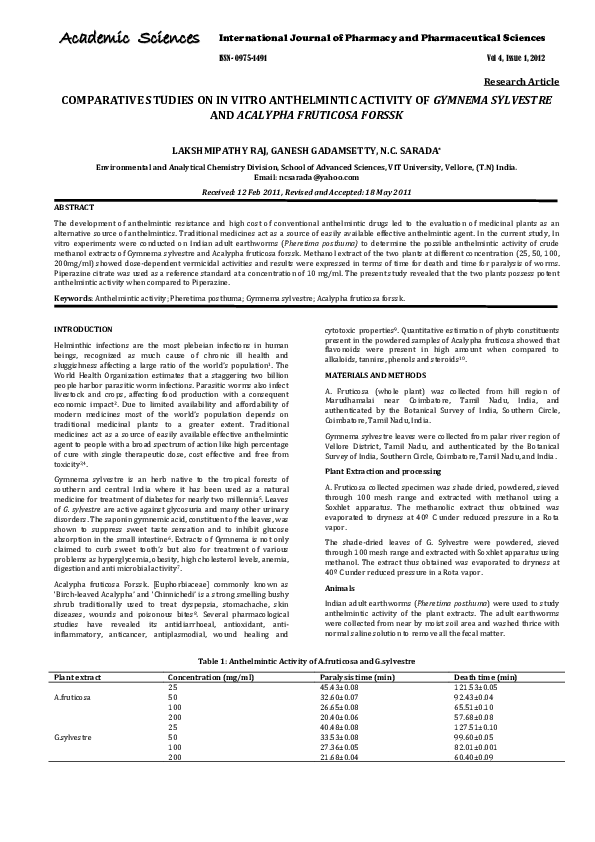 (PDF) Comparative Studies on In Vitro Anthelmintic Activity of Gymnema ...