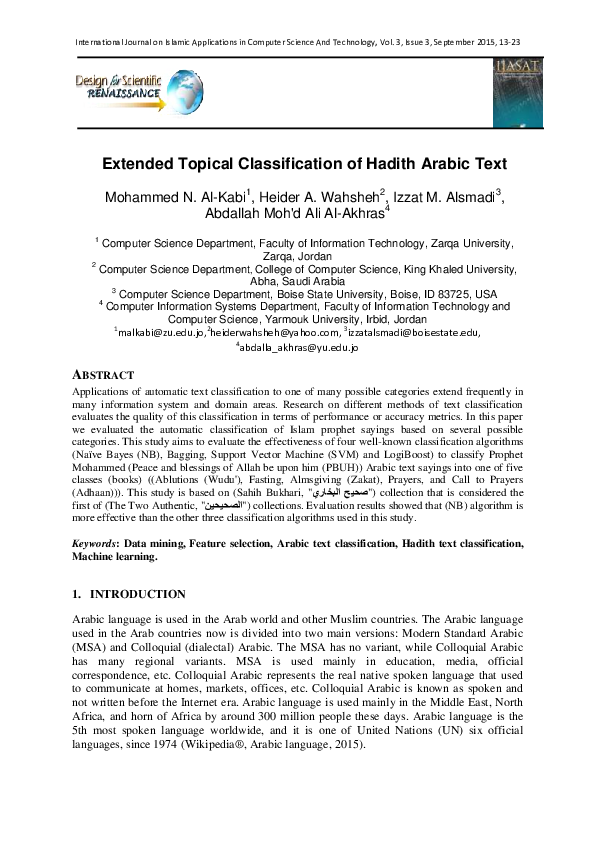 (PDF) Extended Topical Classification of Hadith Arabic Text