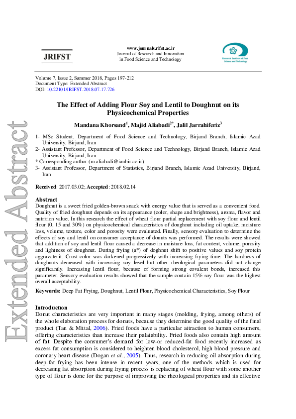 (PDF) The Effect of Adding Flour Soy and Lentil to Doughnut on its ...
