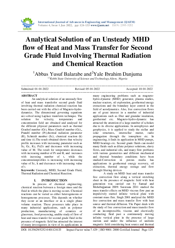 (PDF) Analytical Solution of an Unsteady MHD flow of Heat and Mass ...