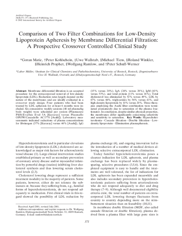 (PDF) Comparison of Two Filter Combinations for LowDensity Lipoprotein