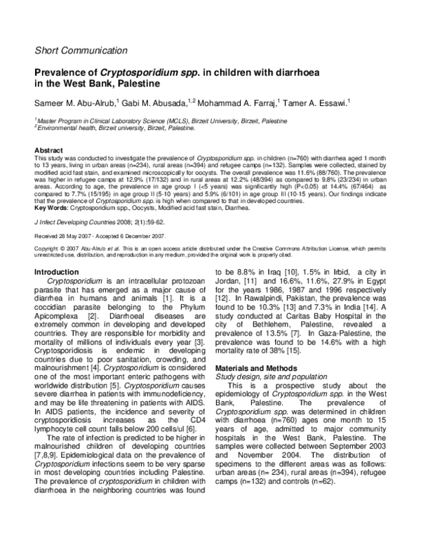 (PDF) Prevalence of Cryptosporidium spp. in children with diarrhoea in ...
