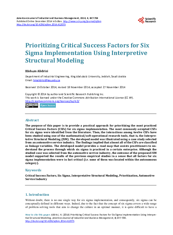 (PDF) Prioritizing Critical Success Factors for Six Sigma ...