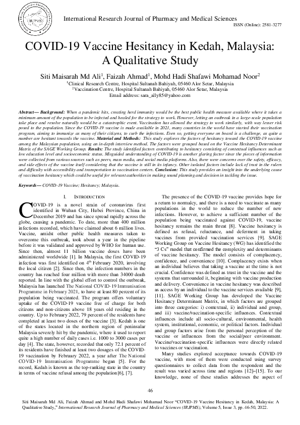 (PDF) COVID-19 Vaccine Hesitancy in Kedah, Malaysia: A Qualitative Study