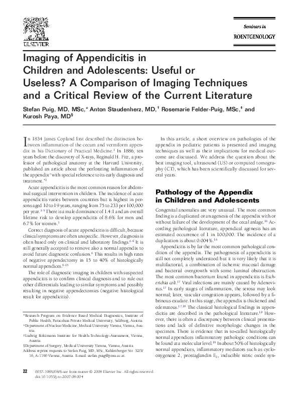 (PDF) Imaging of Appendicitis in Children and Adolescents: Useful or ...