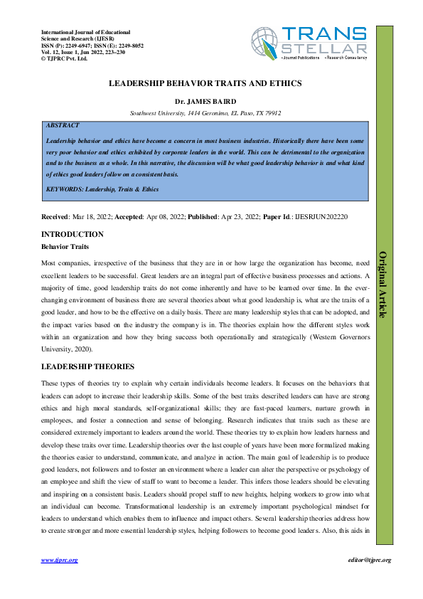 (PDF) LEADERSHIP BEHAVIOR TRAITS AND ETHICS