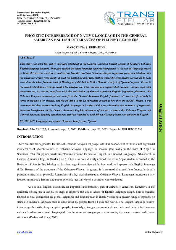 (PDF) PHONETIC INTERFERENCE OF NATIVE LANGUAGE IN THE GENERAL AMERICAN ...