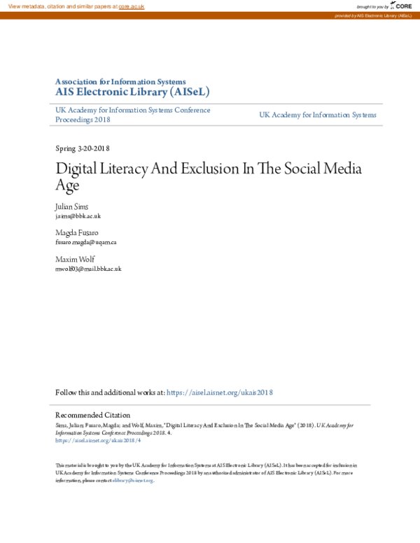 (PDF) Digital Literacy And Exclusion In The Social Media Age