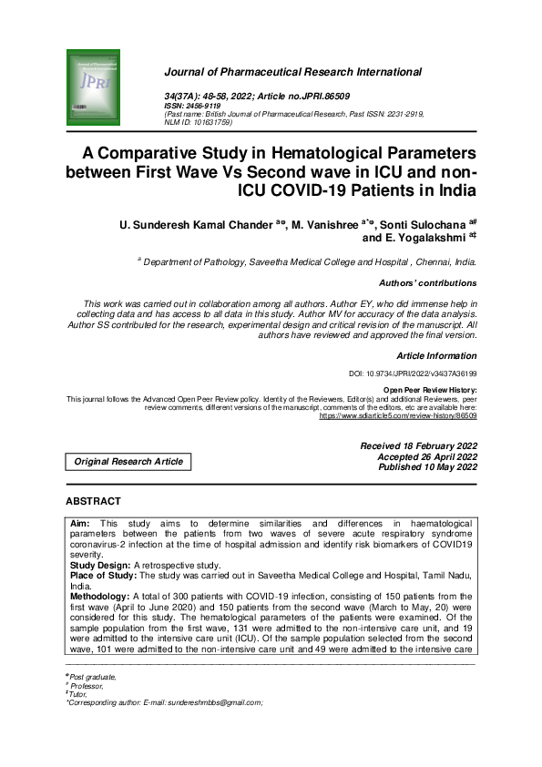 (PDF) A Comparative Study in Hematological Parameters between First ...