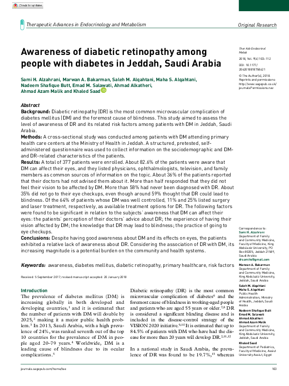 (PDF) Awareness of diabetic retinopathy among people with diabetes in ...