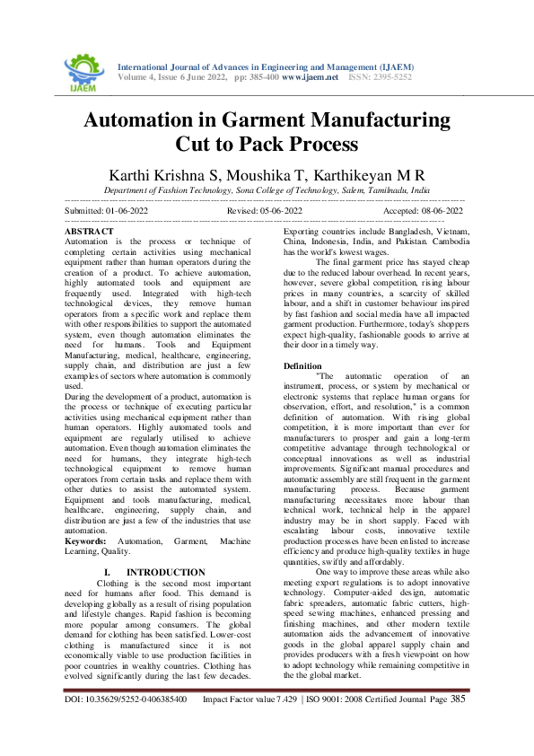 (PDF) Automation in Garment Manufacturing Cut to Pack Process